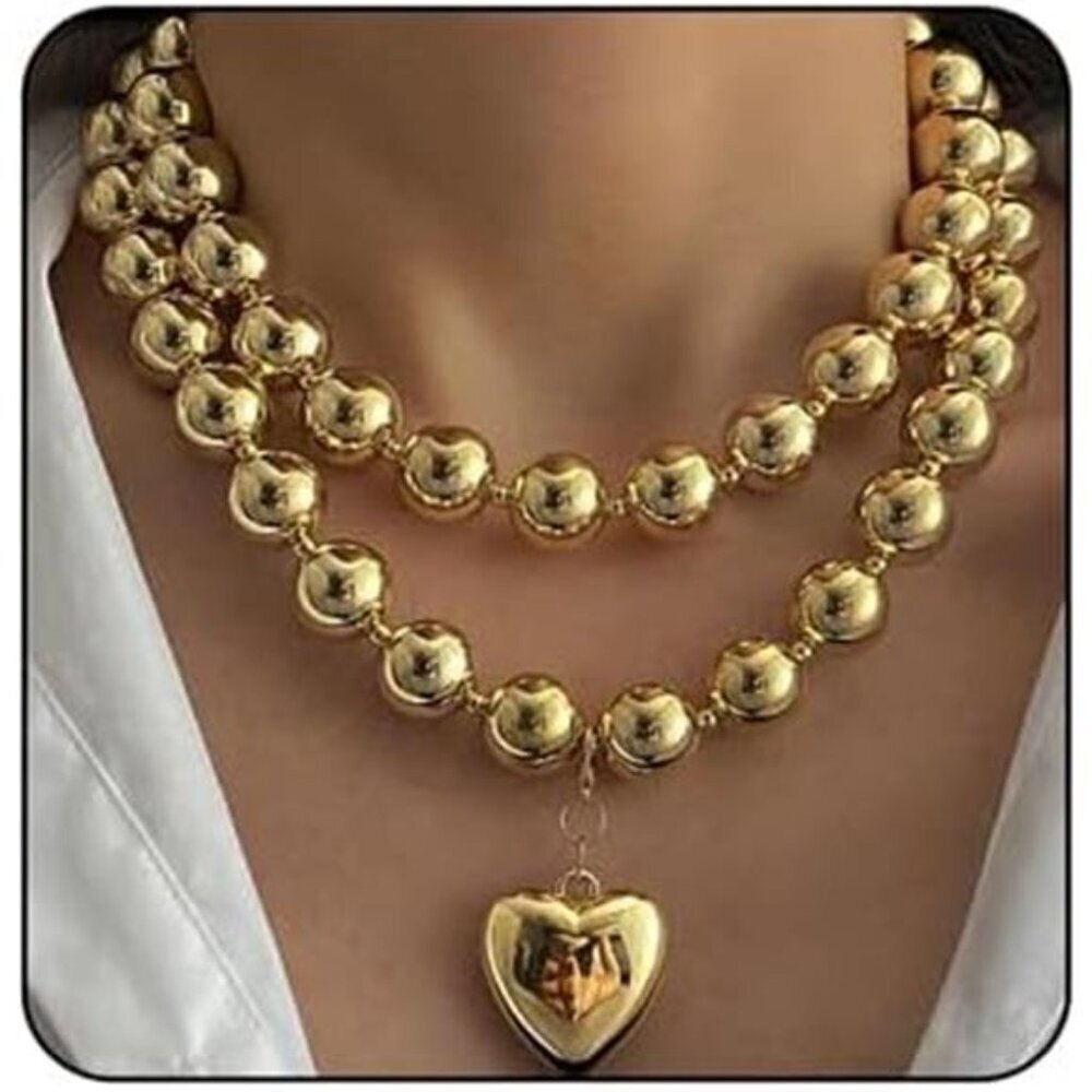 Gold Heart Necklace Women Large Round Bead Beaded Necklace Layered